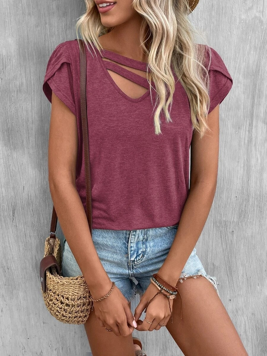 V-neck Stitching Petal Sleeve Loose T Top For Women