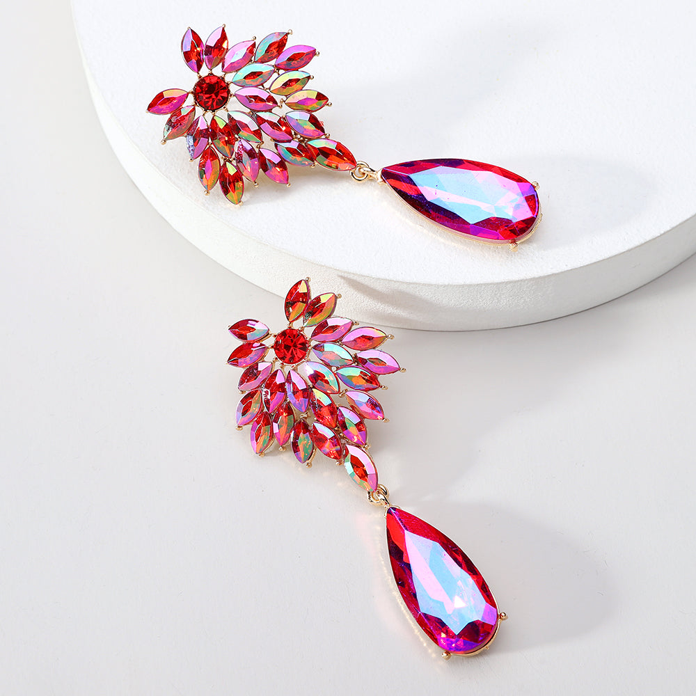 Floral Crystal Teardrop Dangle Earrings Statement Rhinestone Drop Jewelry For Women Party Wedding Bridal Prom
