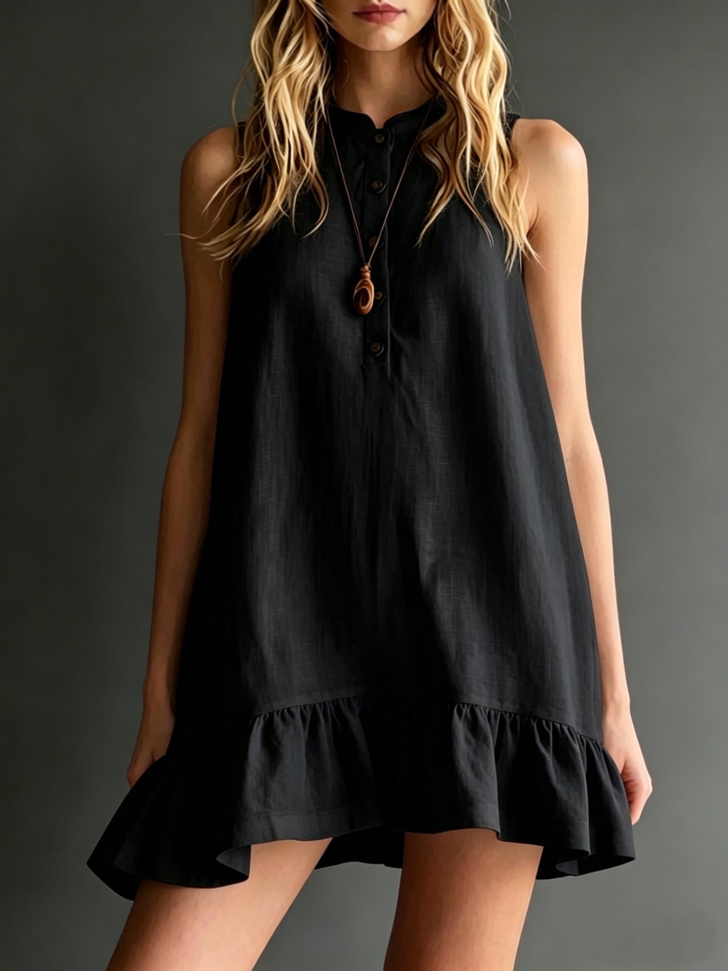 Cotton-Linen Solid-Color Stand Collar Sleeveless Ruffle-Trim Dress