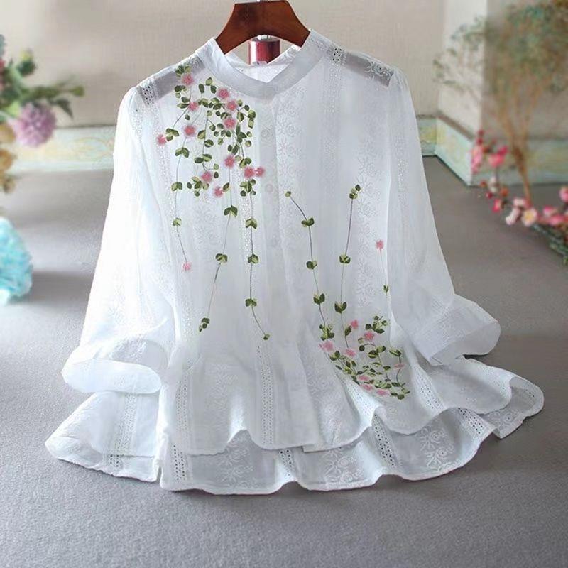 Vintage Lace Shirt Women's Ruffled Embroidered Top