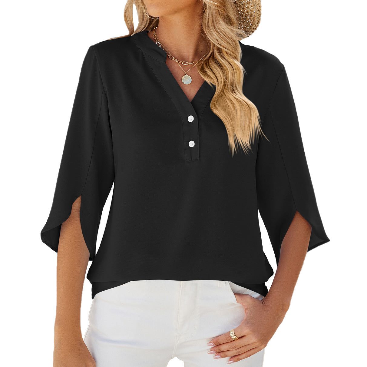 Women’s Button V-Neck Chiffon Half Sleeve Blouse