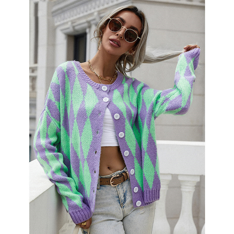 Women's Sweater Women's Single-breasted Printed Round Neck Knitted Cardigan Jacket