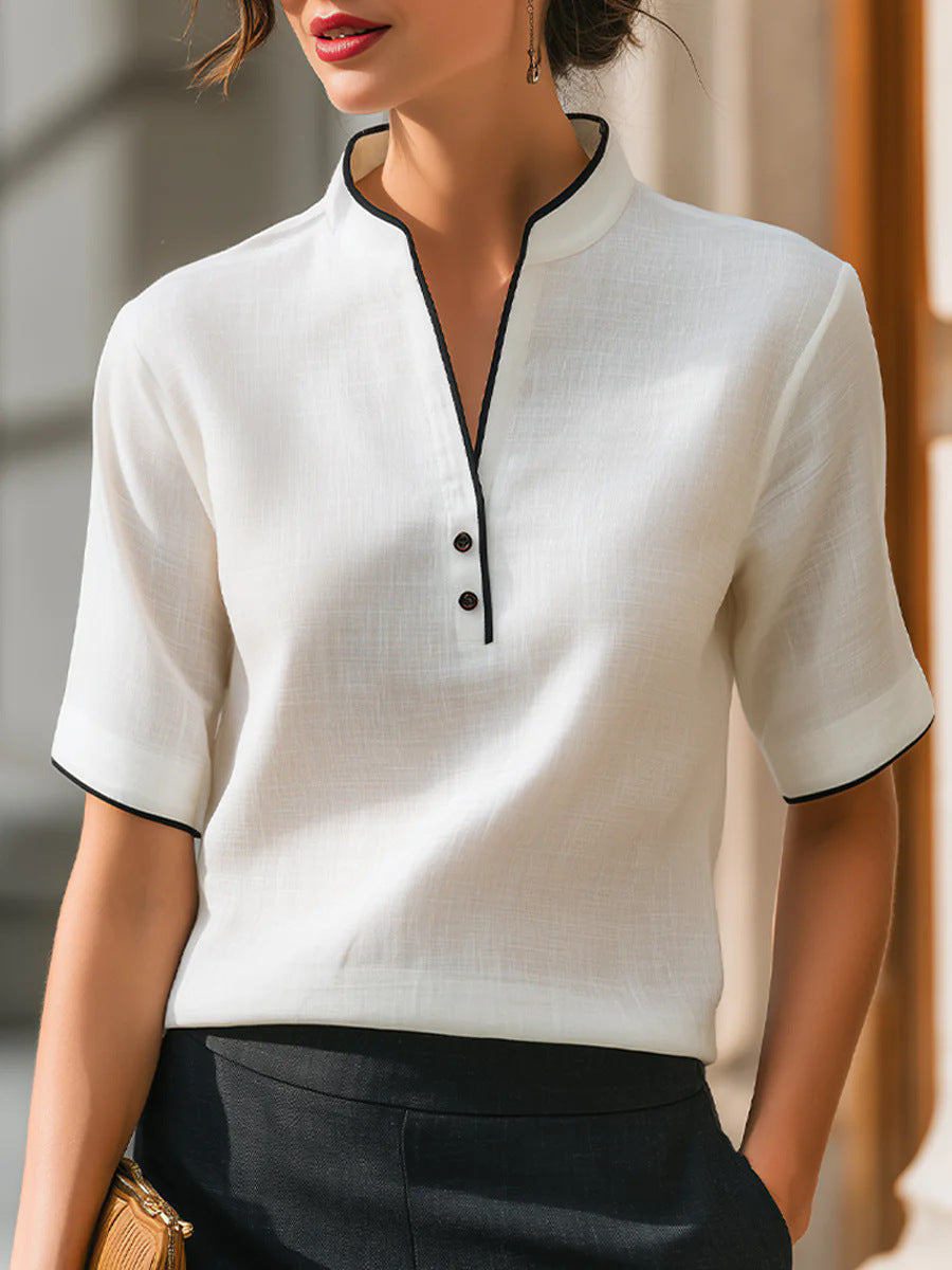 Summer Thin Small Stand Collar V-Neck Slimming Elegant Commuter Top