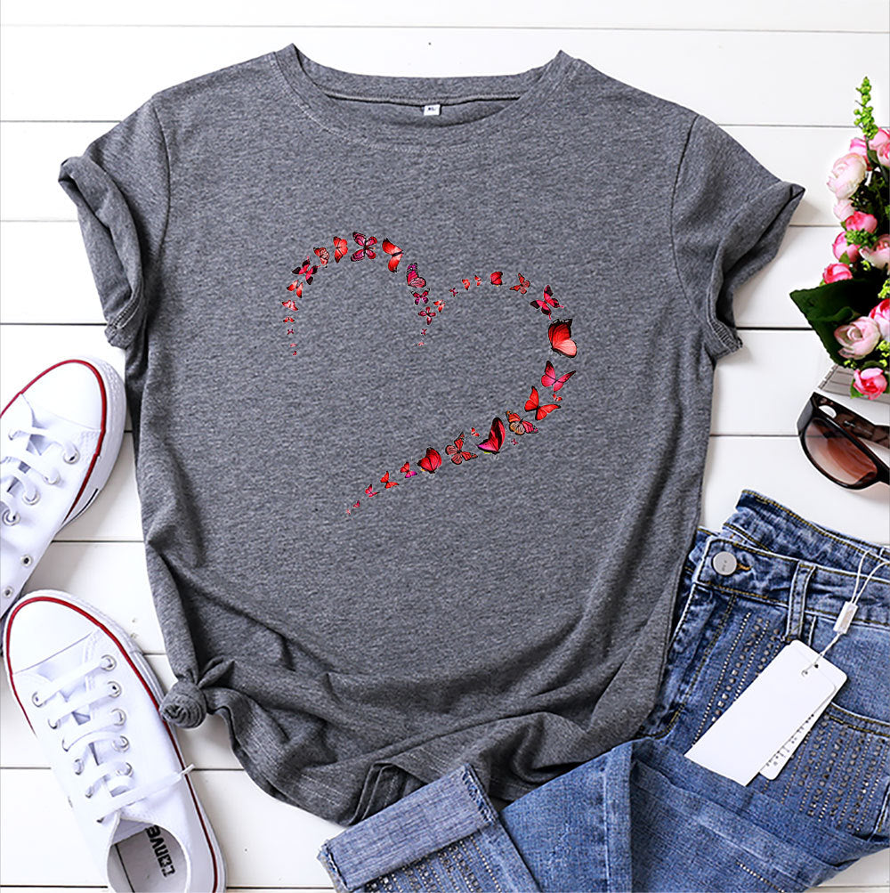 Top de manga corta con mariposa en forma de corazón para mujer en 12 colores S-4XL