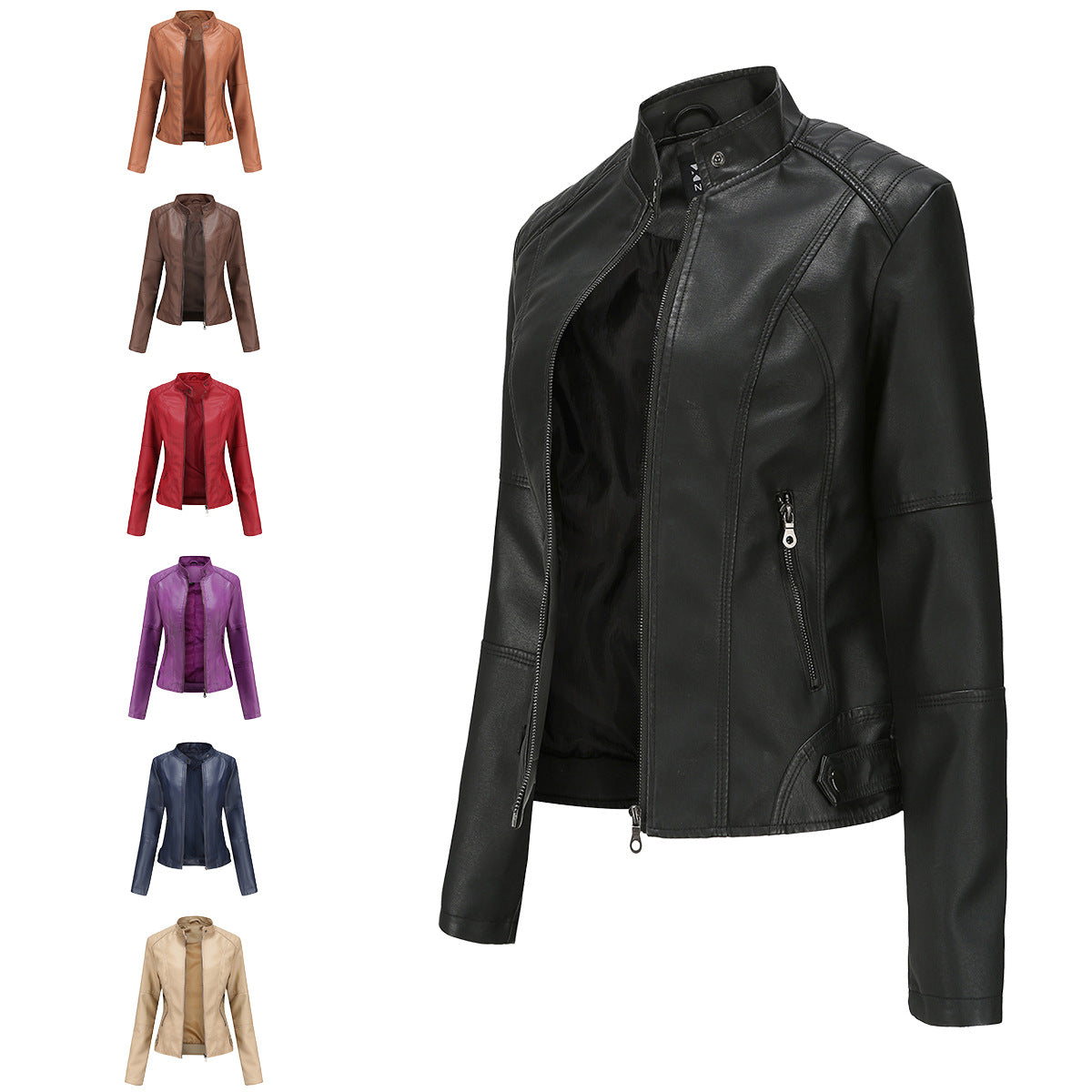 Women’s PU Leather Slim-Fit Jacket with Side Pockets in 7 Colors XS-4XL - Wazzi's Wear