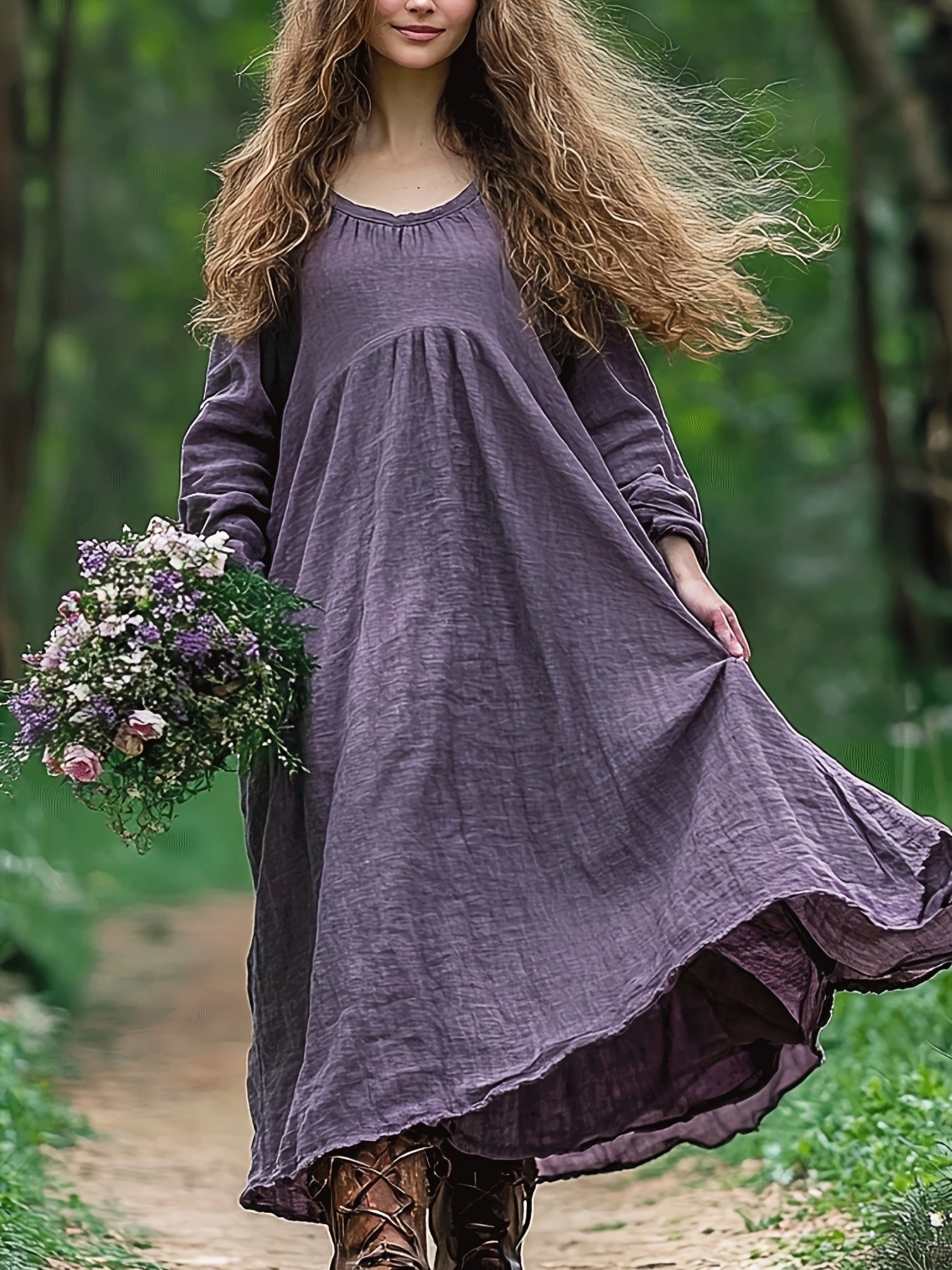 Linen Retro Bohemian Pleated High-Waisted Casual Dress
