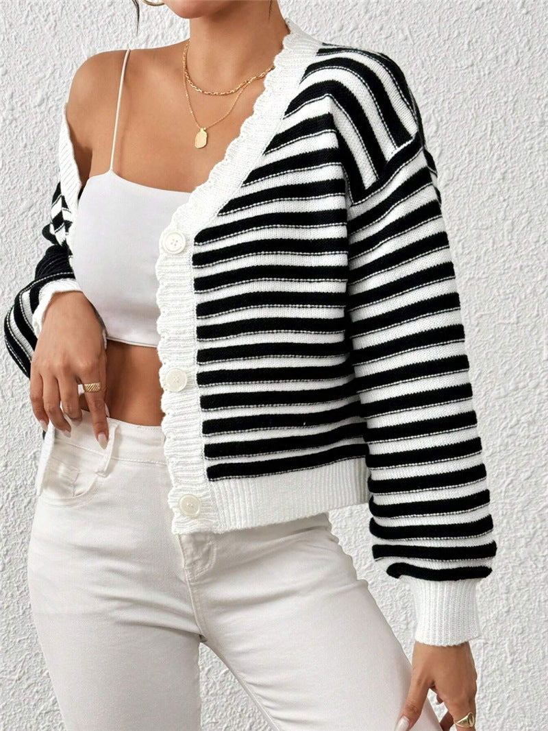 Knitted Cardigan Colorblock Sweater Coat Women's Rainbow Striped Lantern Sleeve
