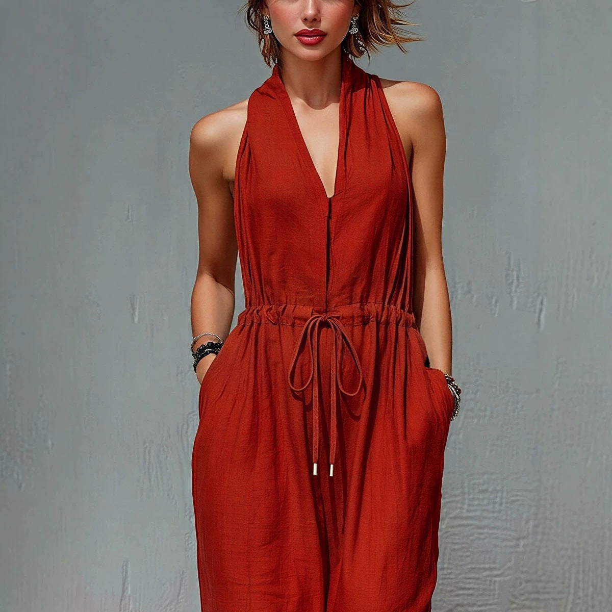 Womens Sleeveless Solid-Color Long Holiday Jumpsuit