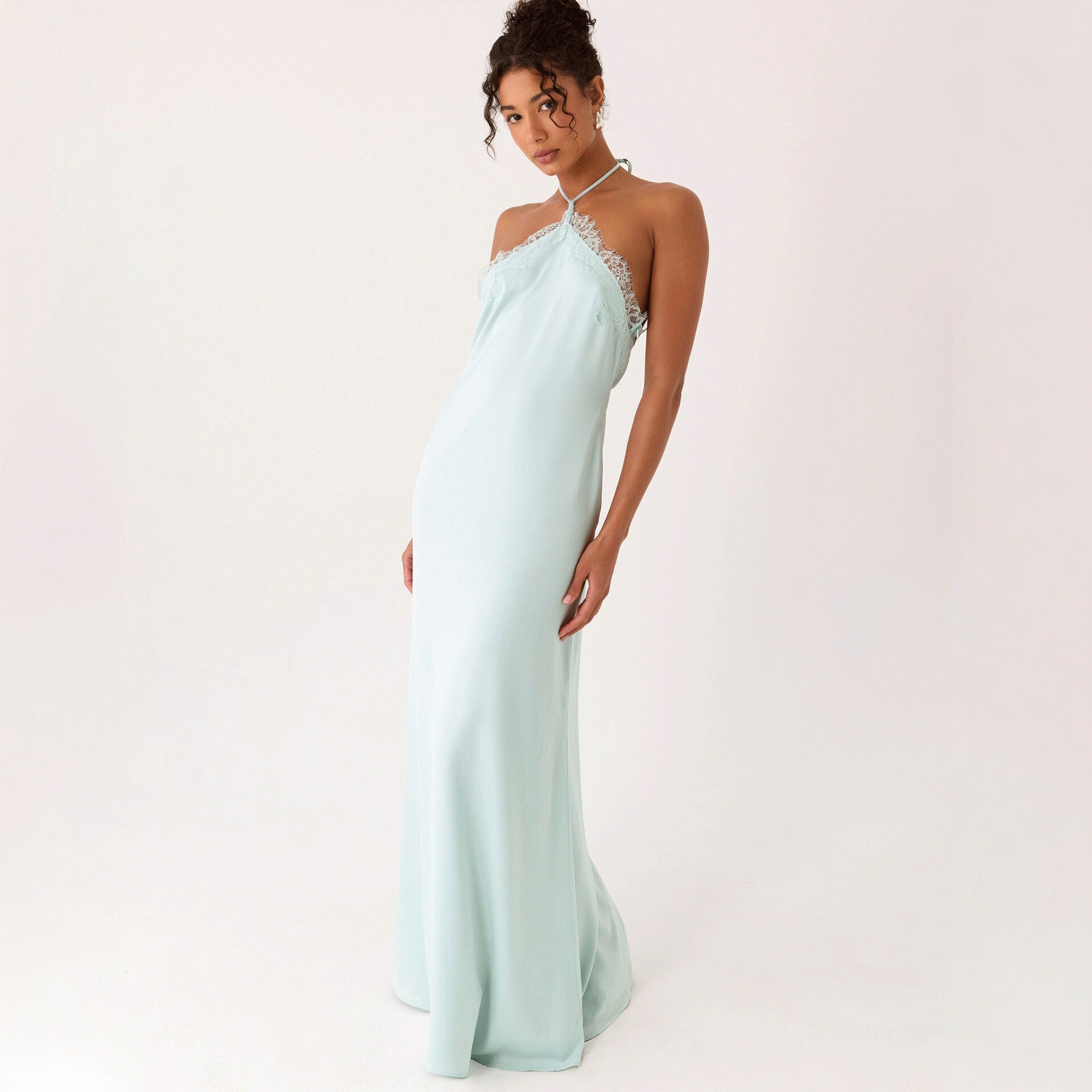 Lace-spliced Backless Slip Dress Solid Color