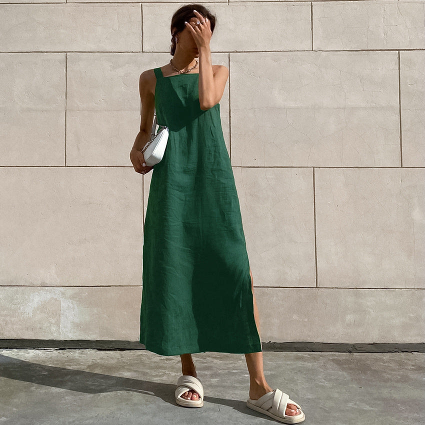 Women's Fashionable Casual Cotton And Linen Loose Strap Dress