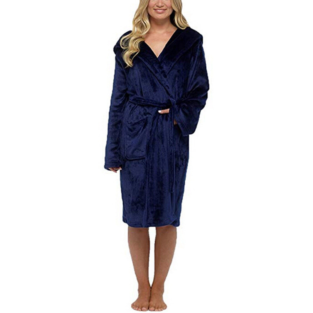 Women’s Long Hooded Bath Robe with Belt and Pockets