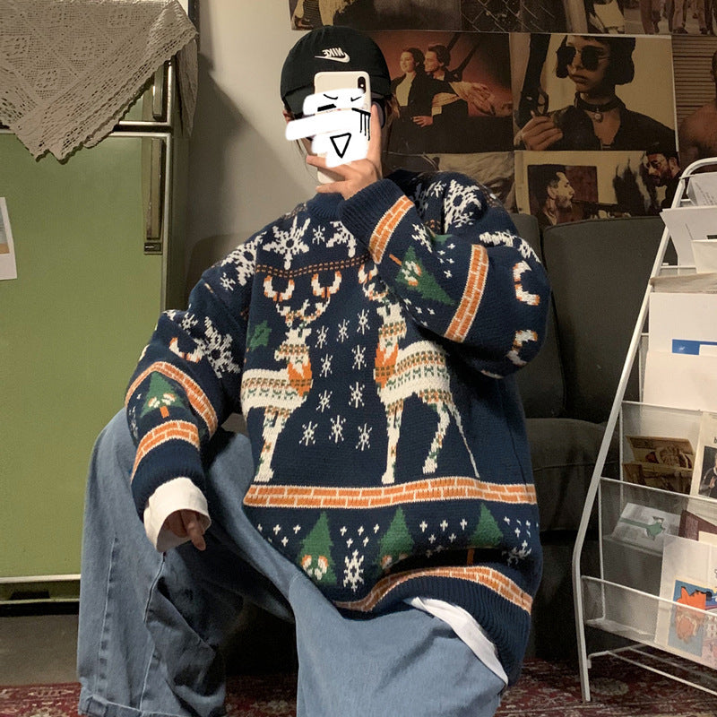 Christmas sweater men's loose pullover in blue with reindeer and snowflake pattern