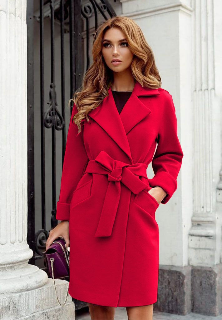 Women's Long Sleeve Woolen Coat with Waist Tie and Pockets in 7 Colors S-XXL - Wazzi's Wear