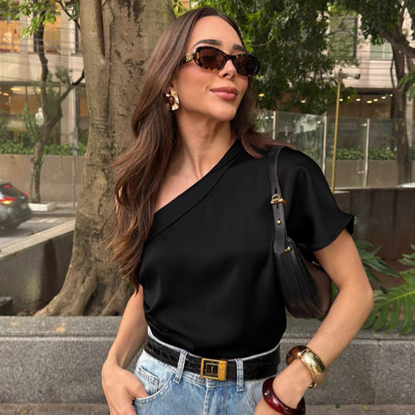 Irregular Collar Matte Color Fashion Tops Women