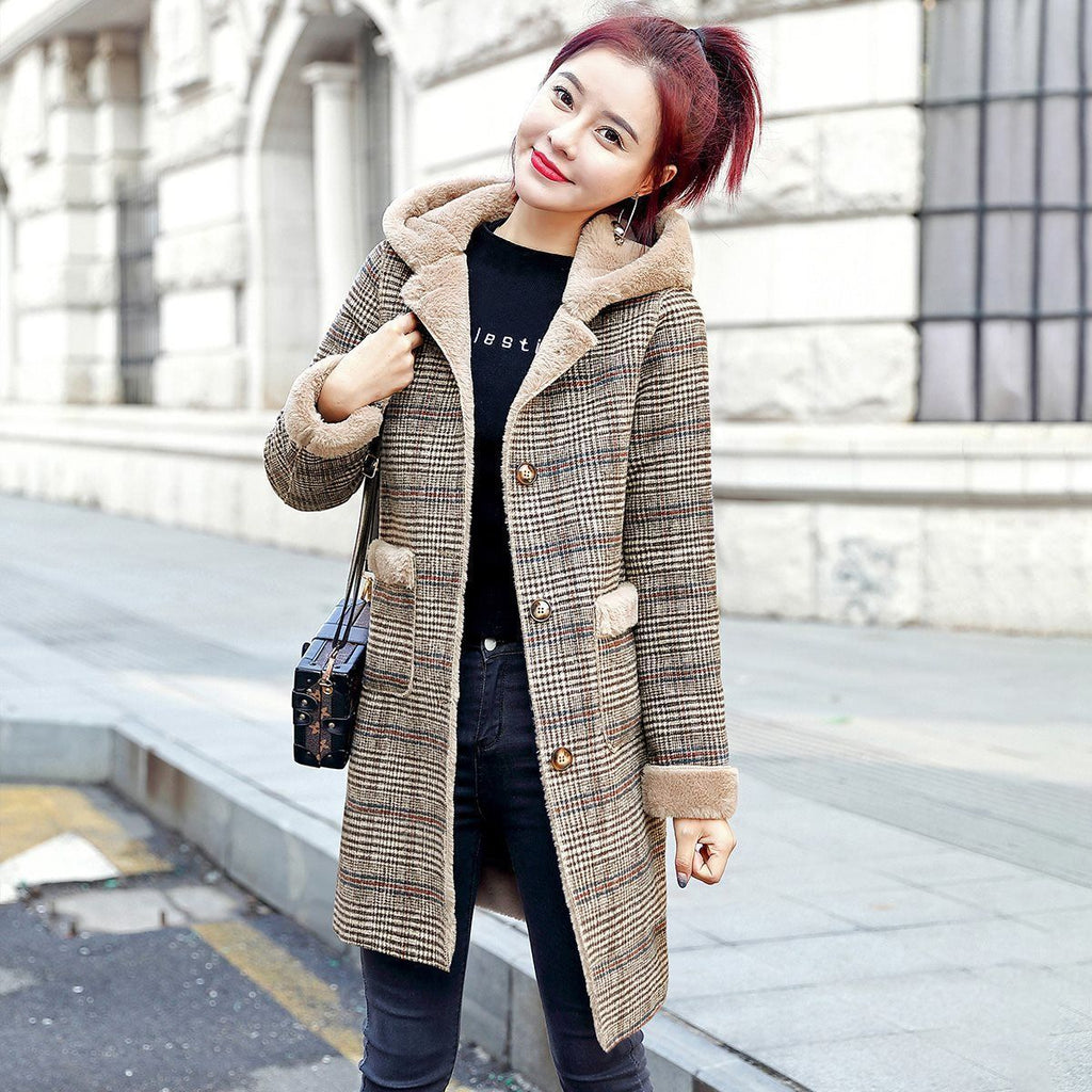 Women’s Mid-Length Hooded Woolen Checkered Coat with Pockets S-3XL - Wazzi's Wear
