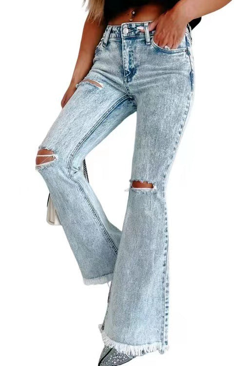 Women's Ripped Washed High Waist Bellbottom Jeans S-2XL - Wazzi's Wear