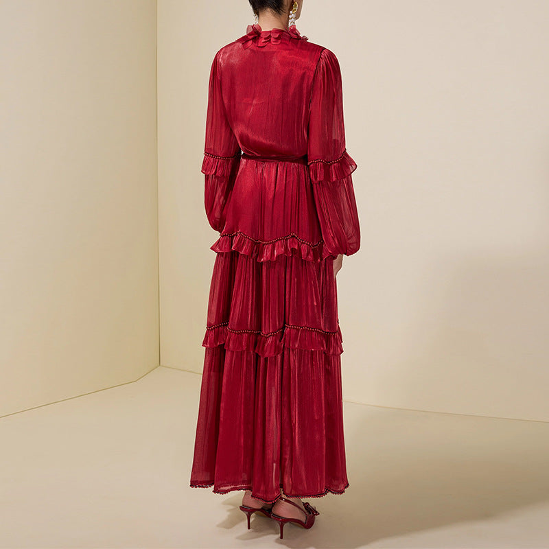Women's Ruffled Panel Long-Sleeve Elegant Chiffon Dress