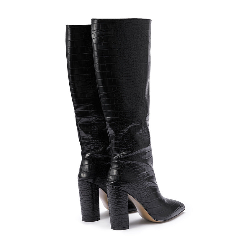 Women’s Pointed Toe Block Heel Black Knee High Boots