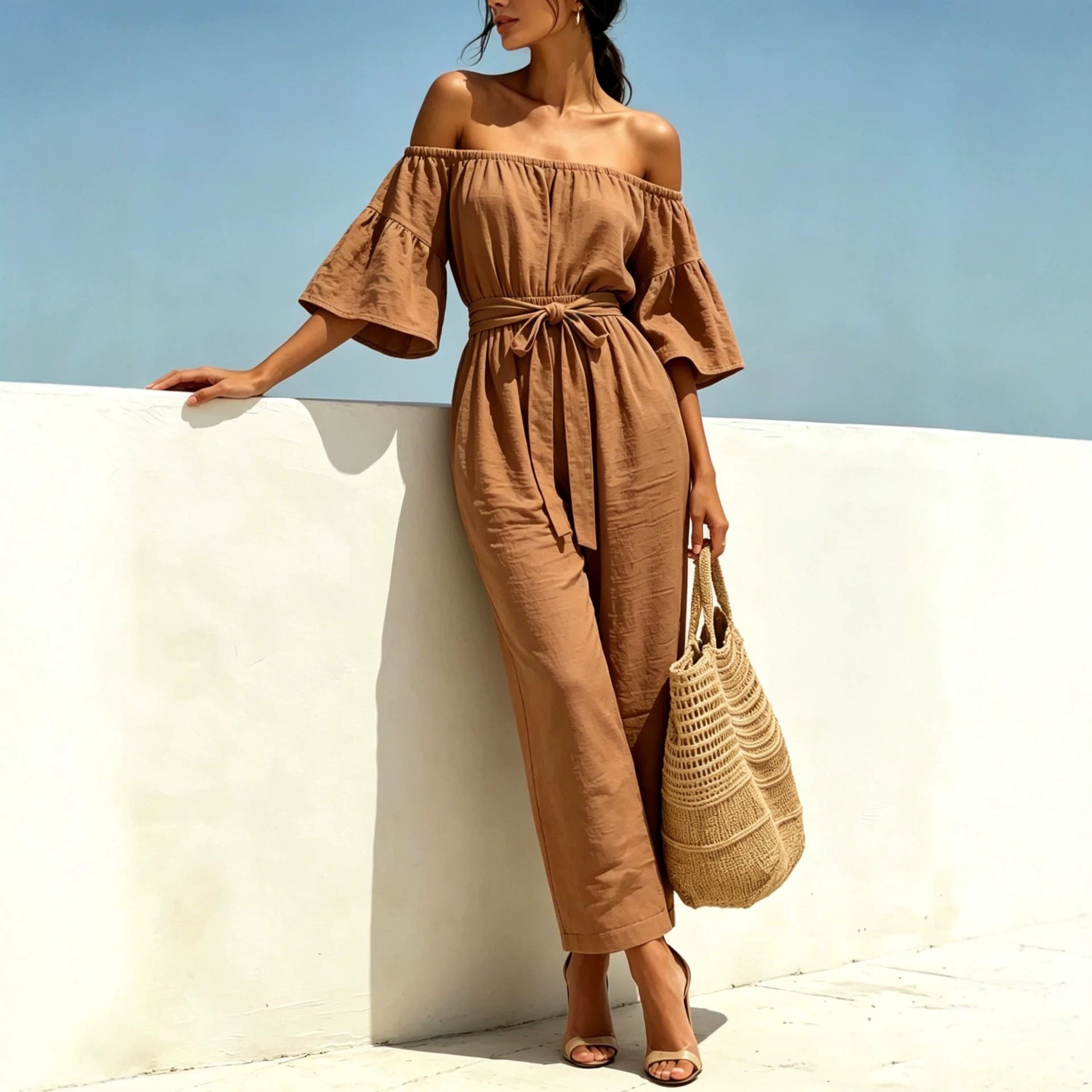 Womens Lace-Up Off-Shoulder Ruffle Jumpsuit