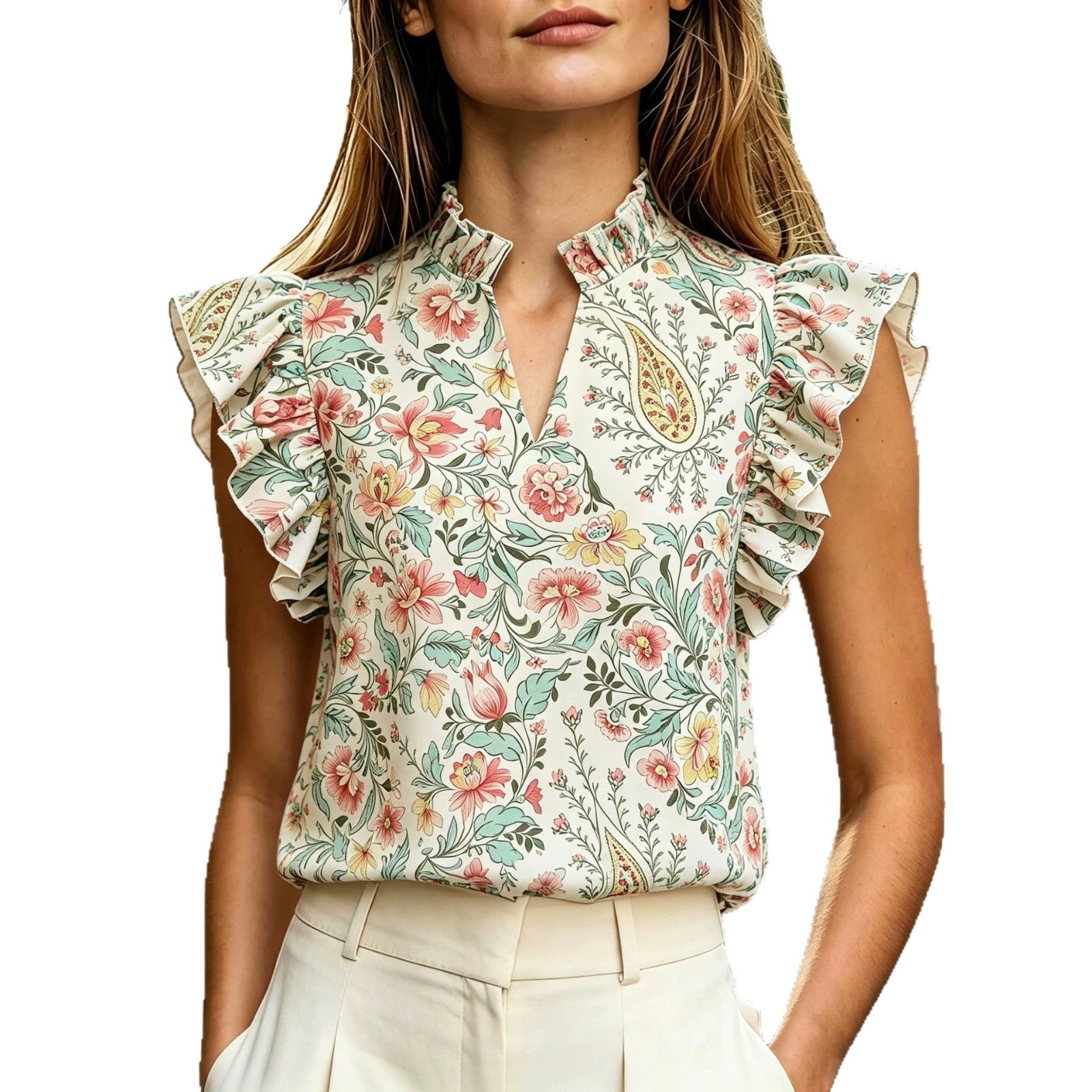 Women's Retro Ruffle-Trimmed Printed Sleeveless Shirt