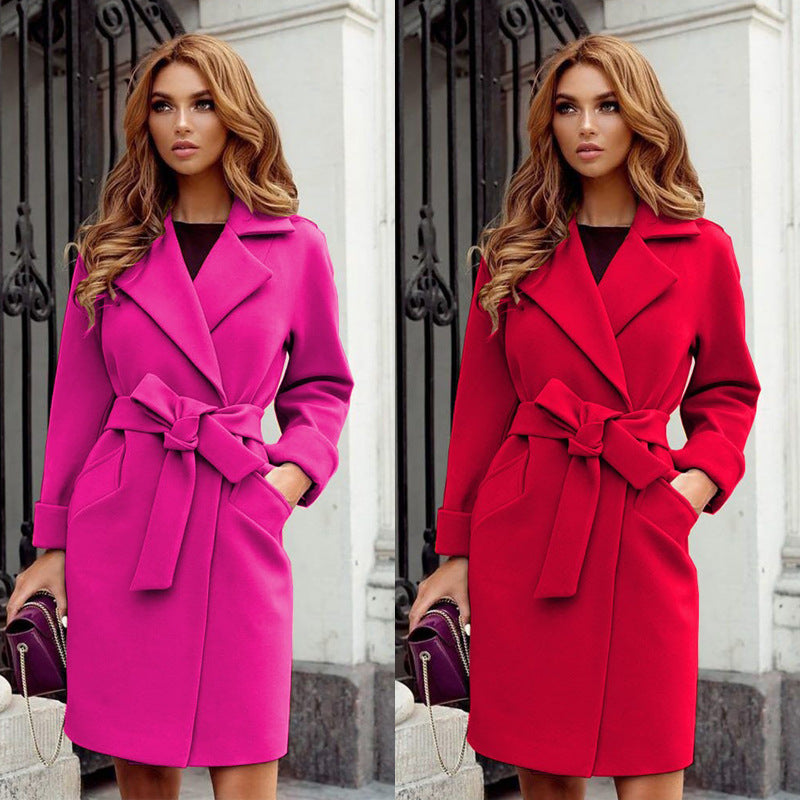 Women's Long Sleeve Woolen Coat with Waist Tie and Pockets in 7 Colors S-XXL - Wazzi's Wear