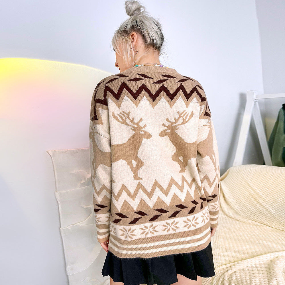 Round Neck Pullover Elk Christmas Style Women's Knitted Sweater Women