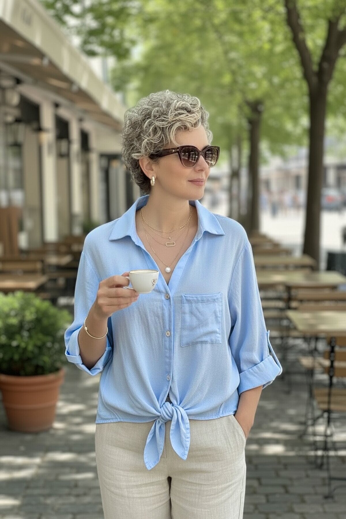 Solid-color Buttoned V-neck Casual Versatile Lace-up Shirt