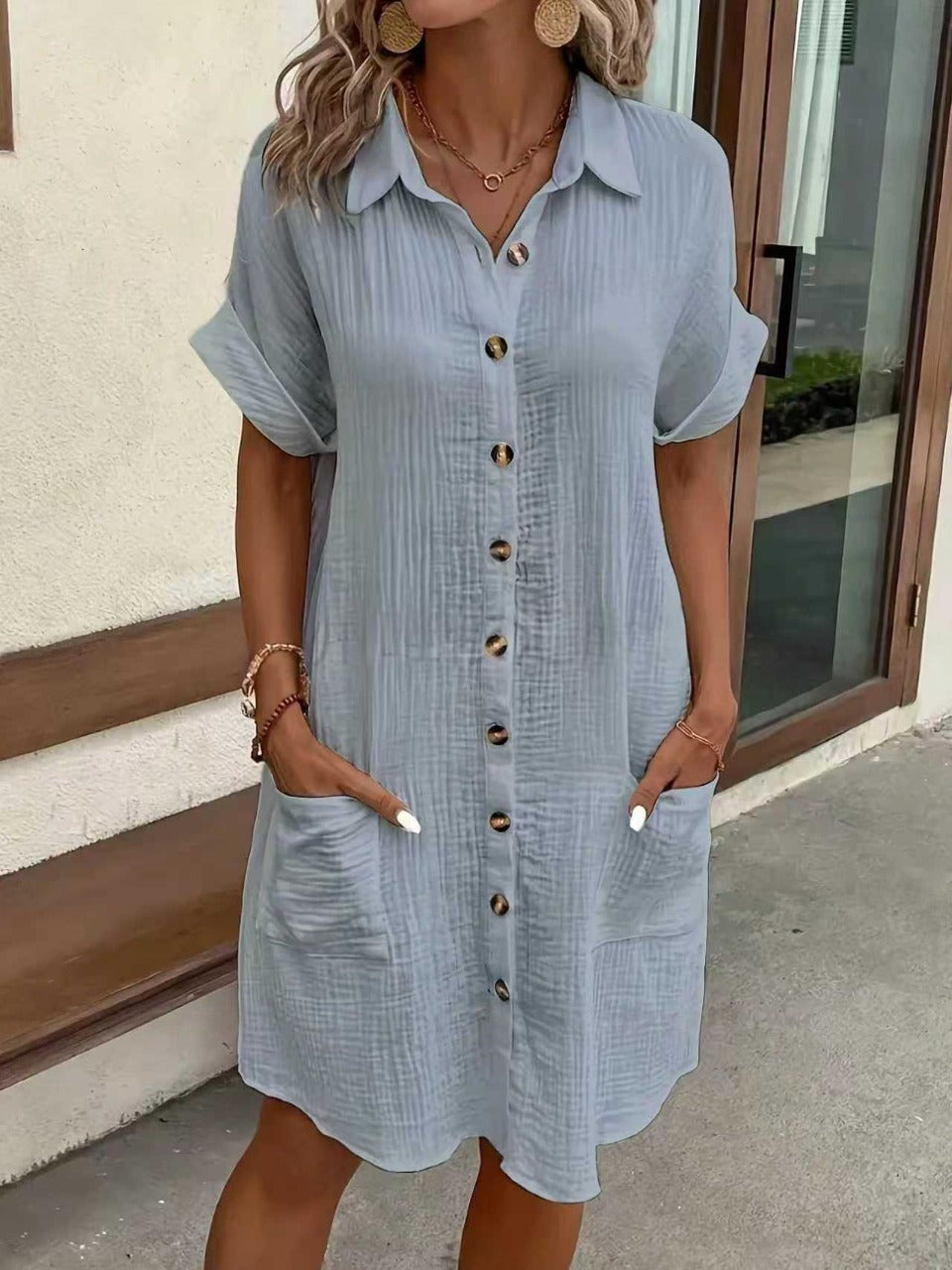 Solid Color Linen Cotton Button Down Loose Shirt Dress