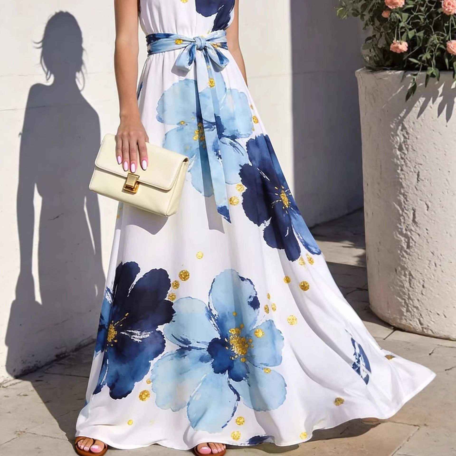 Resort-style Floral High-neck Lace-up Sleeveless Maxi Dress
