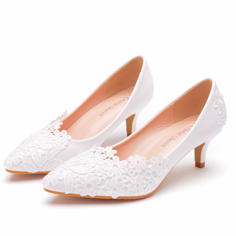 Women's White Short Stiletto Heel Wedding Shoes with Pointed Toe and Lace Flowers