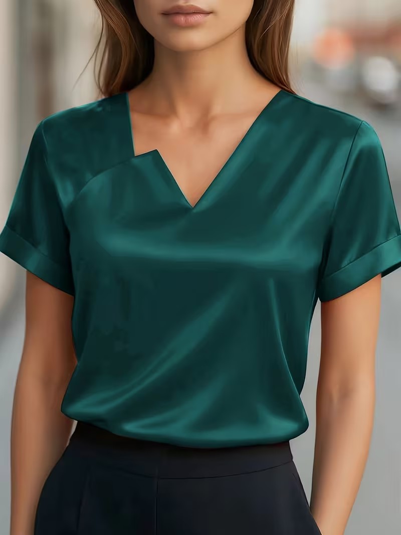 Satin Asymmetric V-Neck Short-Sleeve Shirt For Women