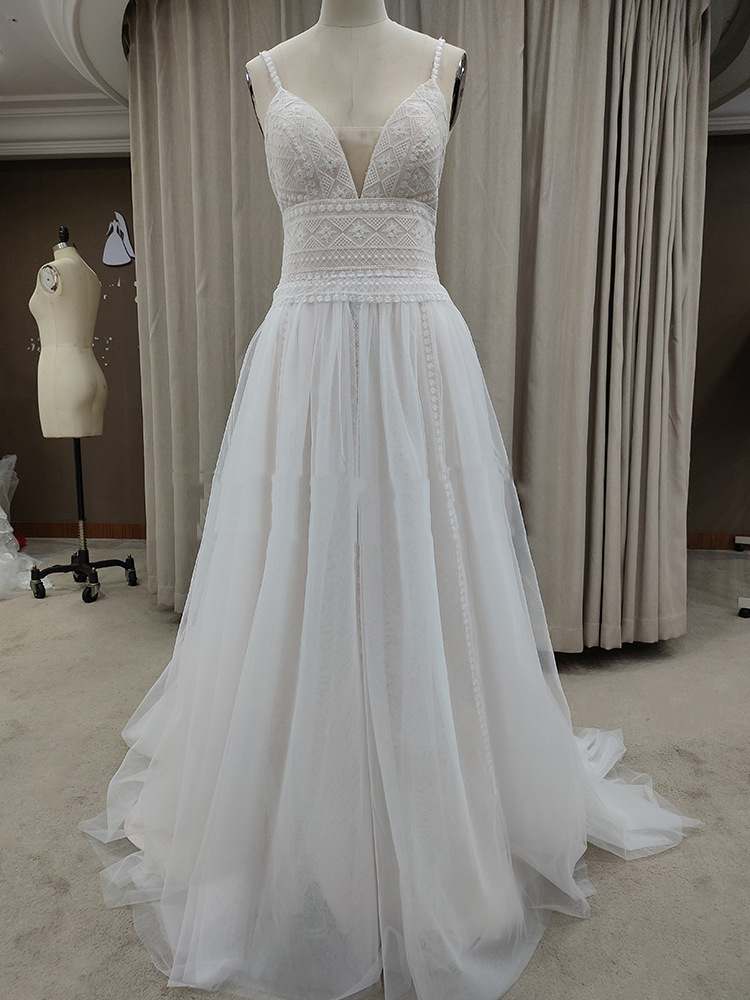 Women’s V-Neck A-Line Wedding Dress with Spaghetti Straps and Open Back Sizes 2-22W - Wazzi's Wear
