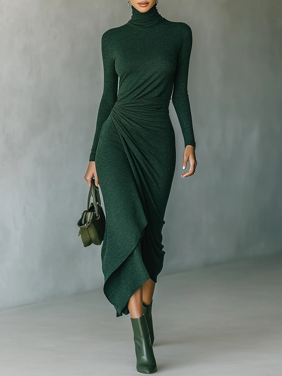Womens High Neck Defined Waist Asymmetrical Wrap Dress