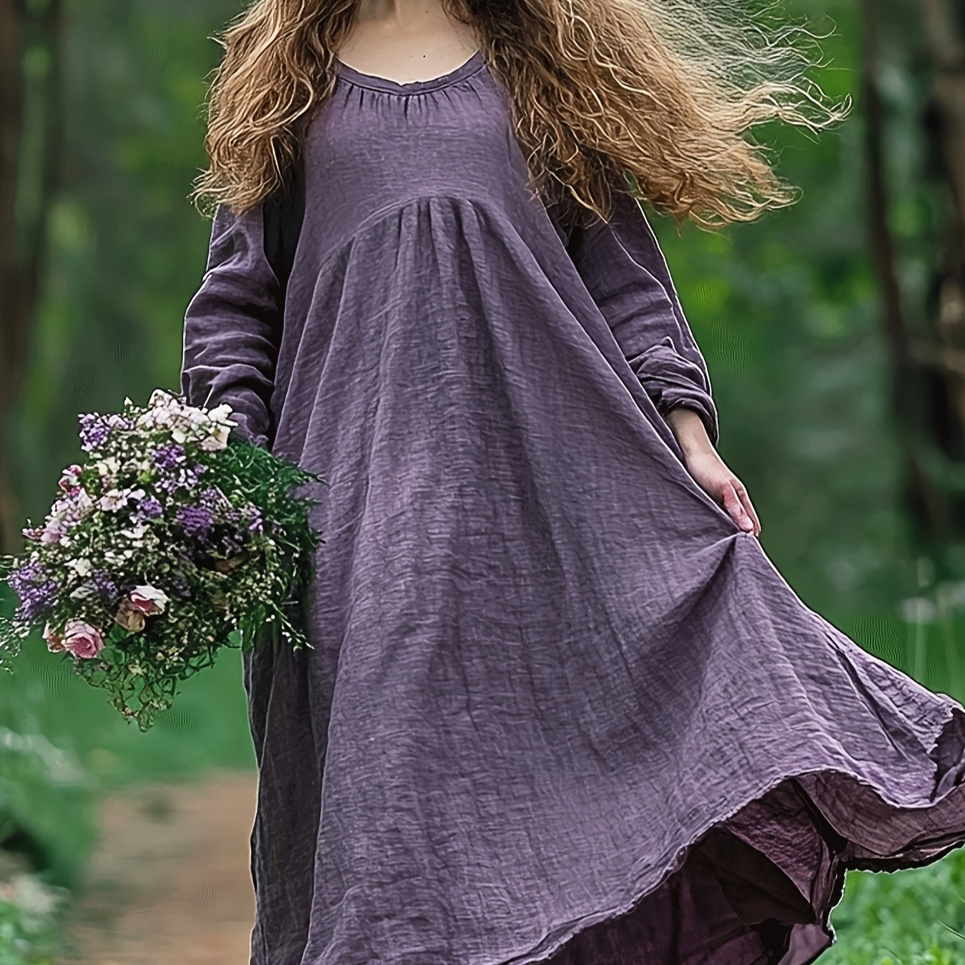 Linen Retro Bohemian Pleated High-Waisted Casual Dress