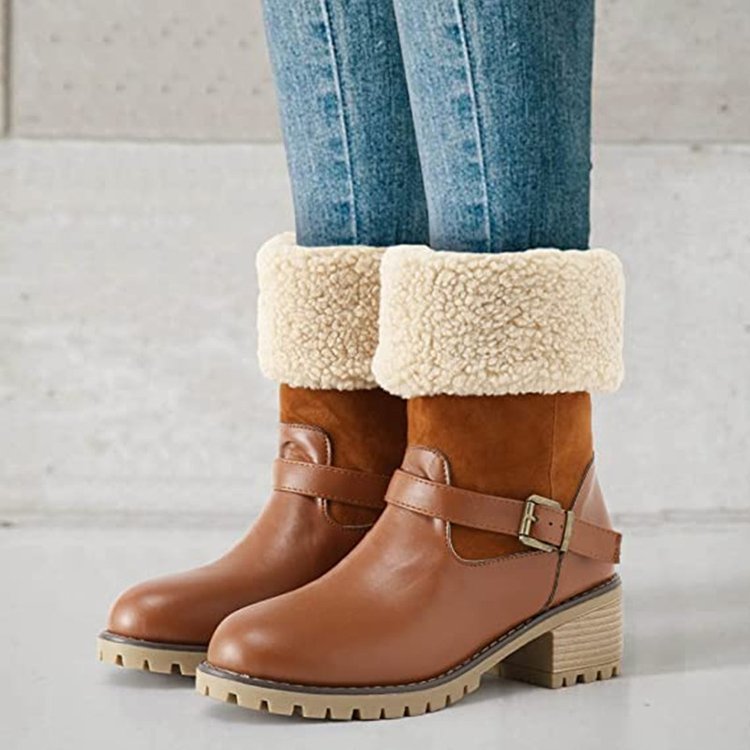 Women’s Plush Slip-On Mid-Calf Boots with Chunky Heel and Buckle