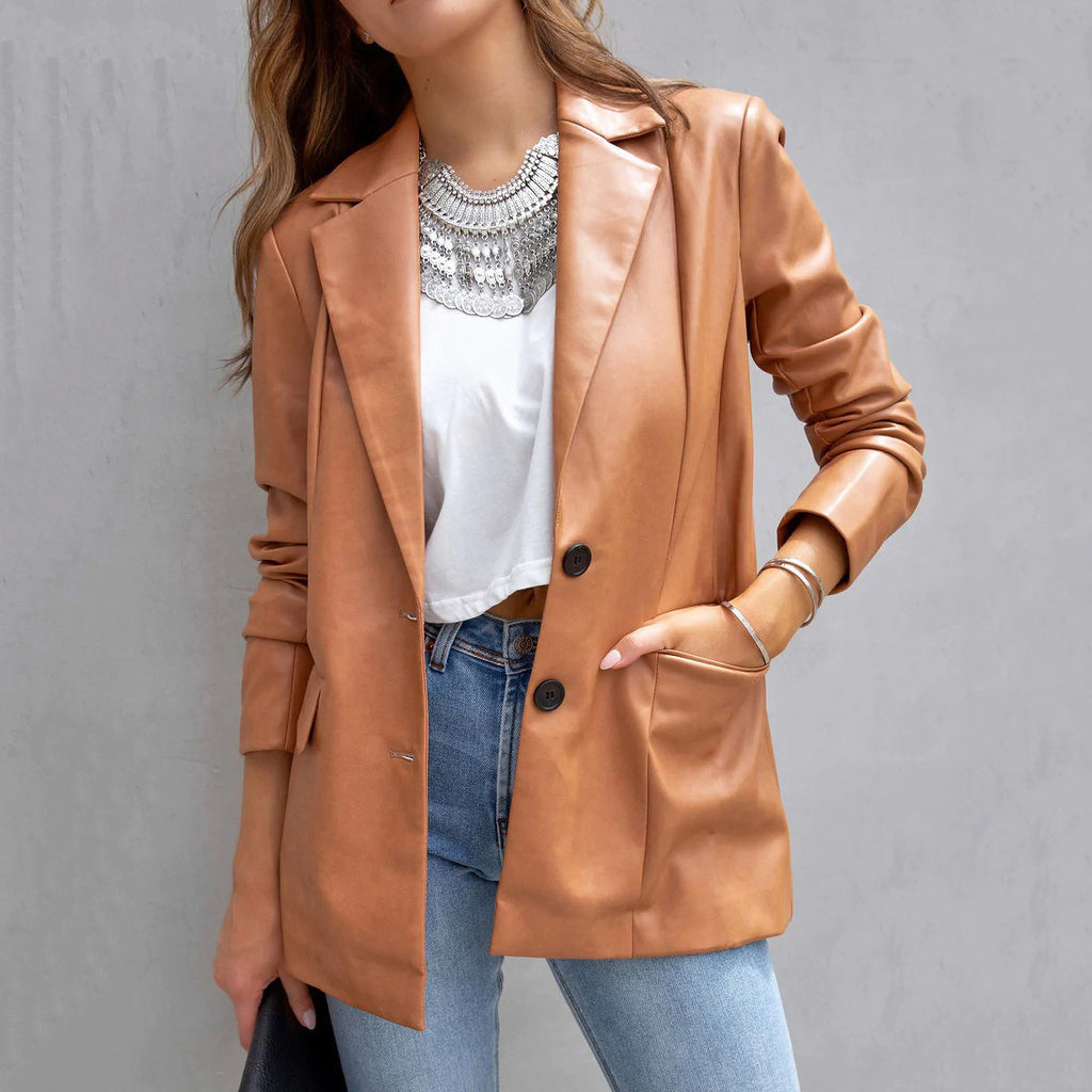 Women’s Long Sleeve PU Leather Cardigan Coat with Pockets in 6 Colors S-XXL - Wazzi's Wear