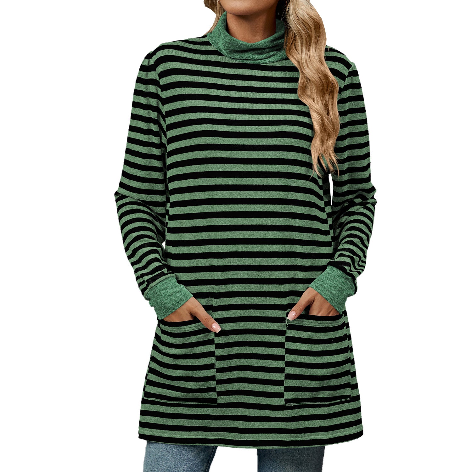 Women’s Turtleneck Striped Long Sleeve Shirt with Pockets