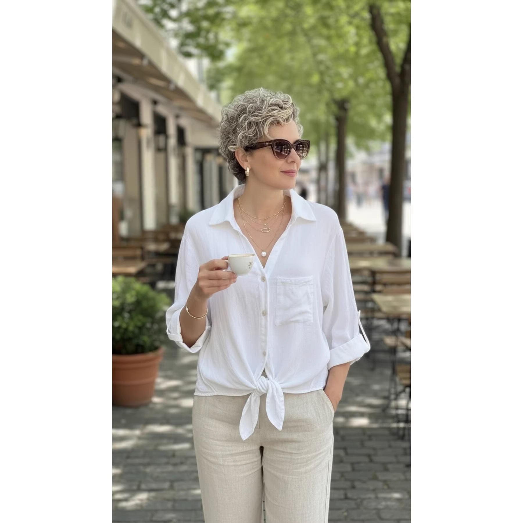 Solid-color Buttoned V-neck Casual Versatile Lace-up Shirt