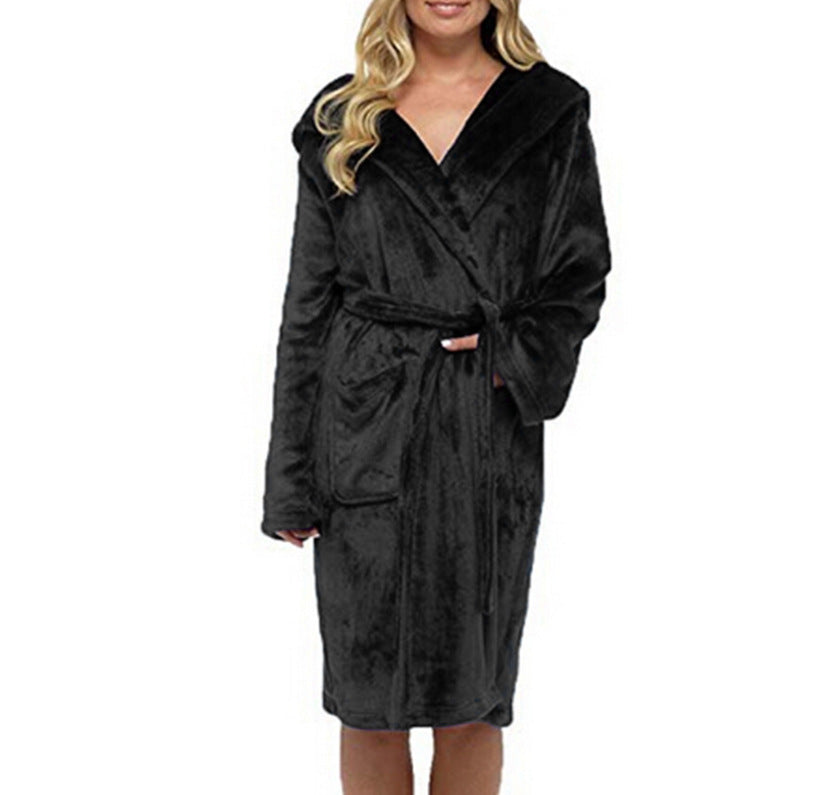 Women’s Long Hooded Bath Robe with Belt and Pockets