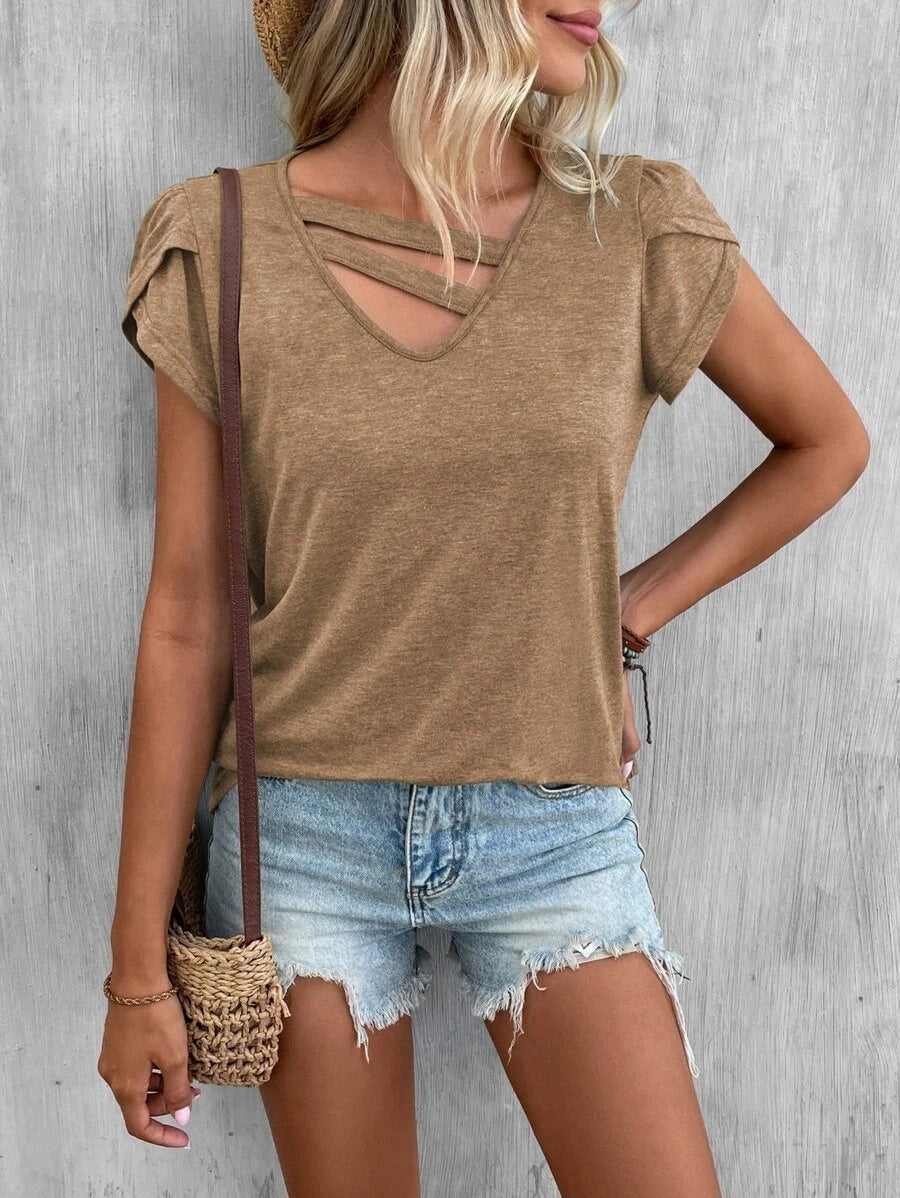 V-neck Stitching Petal Sleeve Loose T Top For Women