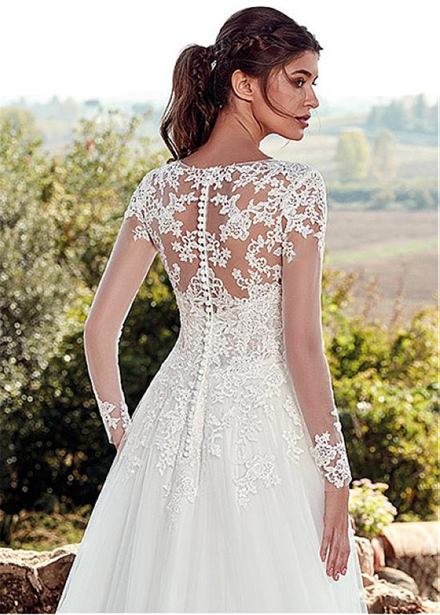 Women’s Lace Bodice Long Sleeve A-Line Wedding Dress with Train XS-3XL - Wazzi's Wear