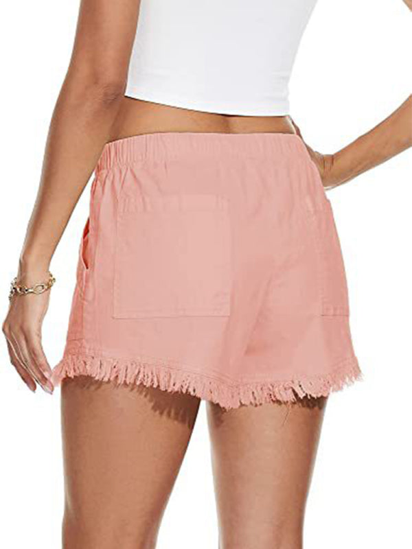 Women's Pink Elastic Waist Shorts with Fringe Hem and Pockets Size 8 - Wazzi's Wear