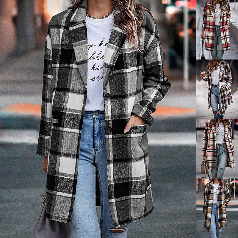 Women’s Long Sleeve Plaid Woolen Coat with Pockets in 5 Colors S-2XL - Wazzi's Wear
