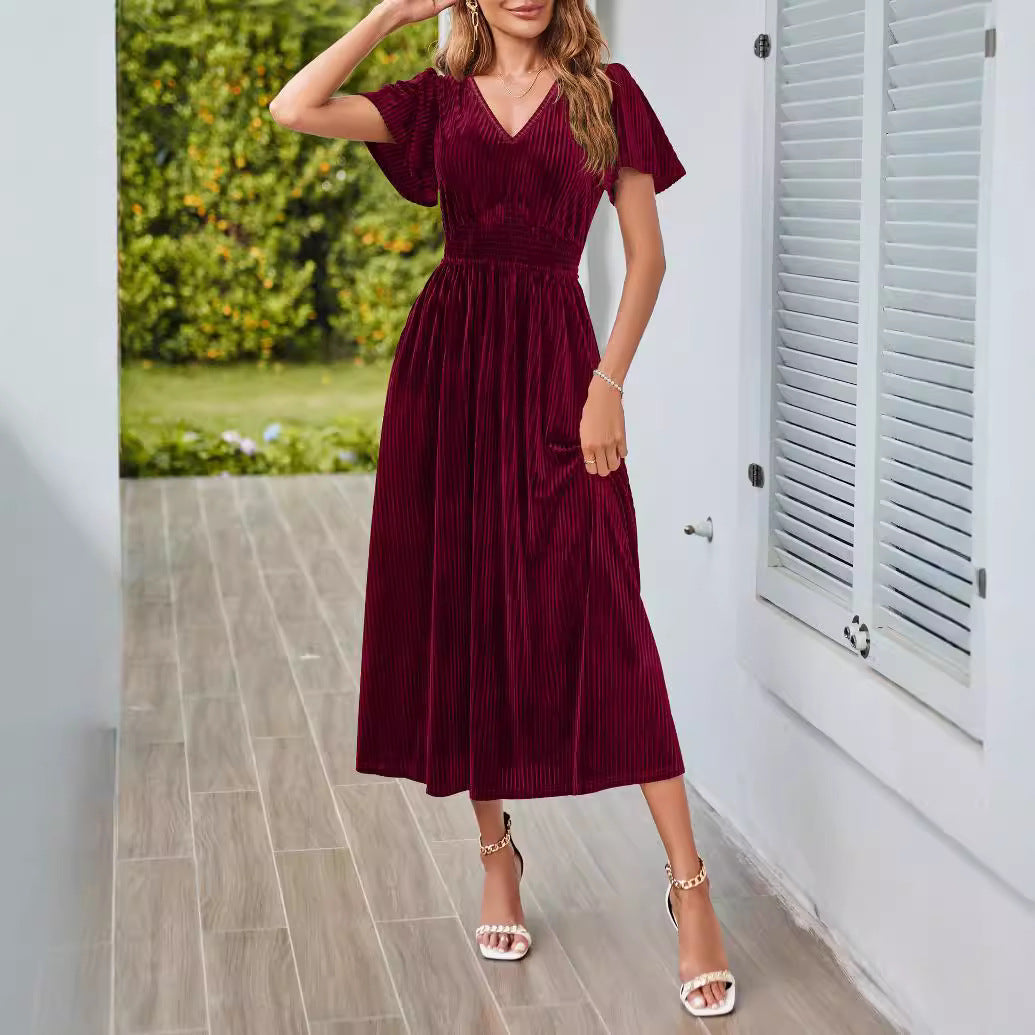 Knitted Short-Sleeve V-Neck Defined-Waist Maxi Dress For Women