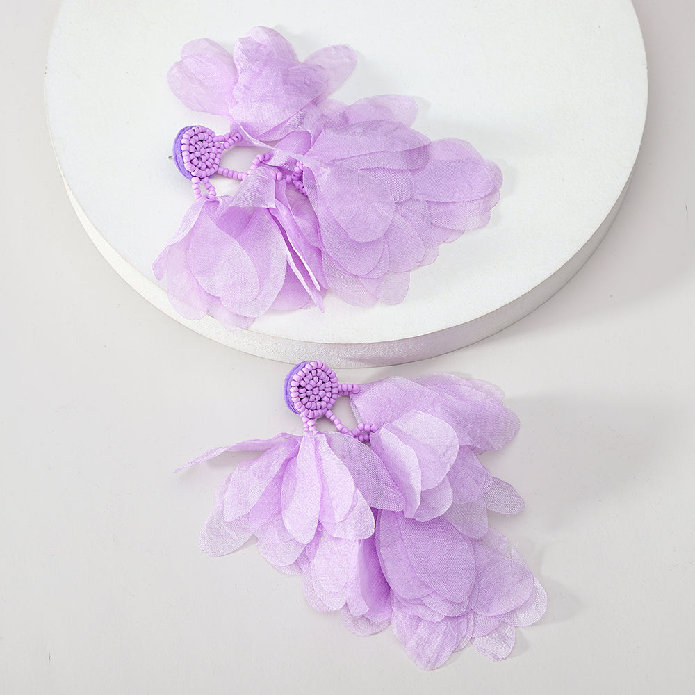 Lightweight Fluffy Chiffon Flower Multi-Layer Tassel Earrings For Women Handmade Bohemian Jewelry For Beach Vacation Summer Party