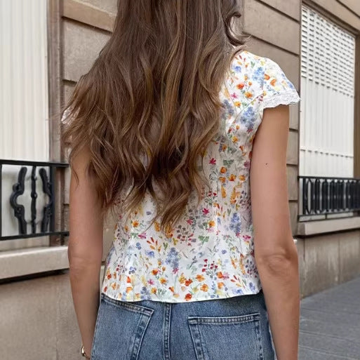 Women's Floral Print Lace-Patchwork V-Neck Shirt