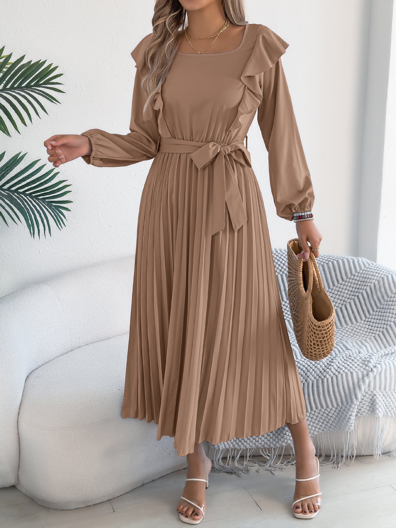 Women's Elegant Ruffle Trim Square Neck Long Sleeve Tie Waist Pleated Dress