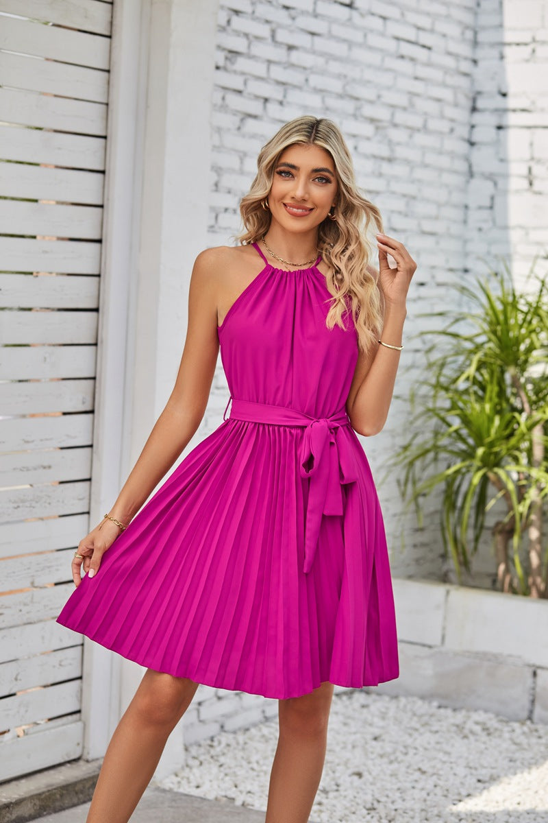 Robe midi plissée en mousseline de soie à col licou pour femme avec lien à la taille en 8 couleurs S-XXL