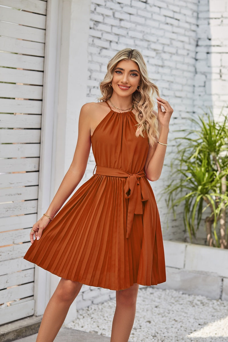 Robe midi plissée en mousseline de soie à col licou pour femme avec lien à la taille en 8 couleurs S-XXL