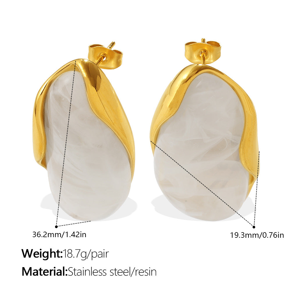 Retro Irregular Amber Powder-white-blue Gradient Gold-edge Earrings With Gold Trim - Non-fading, 18K Gold Plated, Unique Ear Jewelry For The Fashion-forward.